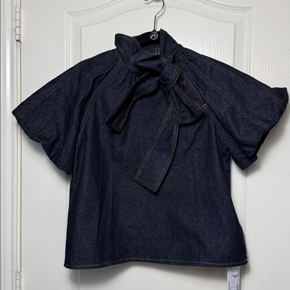 MISS ROSIER Roxane indigo-blue contrast-stitching denim blouse - Picture 3 of 5